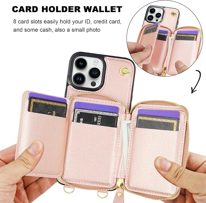 Bocasal for MagSafe Crossbody Wallet Case Compatible with iPhone 13 Pro Max, RFID Blocking Protective Purse Case with Card Slots Holder Kickstand Wrist Strap Lanyard Zipper 6.7 Inch 5G (Rose Gold)