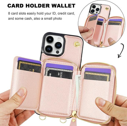 Bocasal for MagSafe Crossbody Wallet Case Compatible with iPhone 13 Pro Max, RFID Blocking Protective Purse Case with Card Slots Holder Kickstand Wrist Strap Lanyard Zipper 6.7 Inch 5G (Rose Gold)