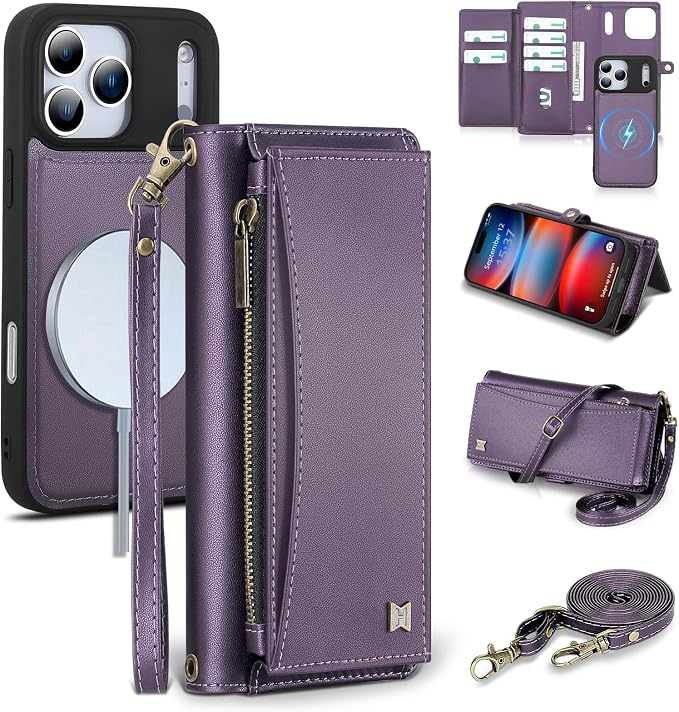 Wallet Case for iPhone 17 Pro Max with Card Holder/Crossbody Wallet/Strap,[RFID Blocking][Magnetic] PU Leather Phone Case for iPhone 17 Pro Max,6.9 in,Purple