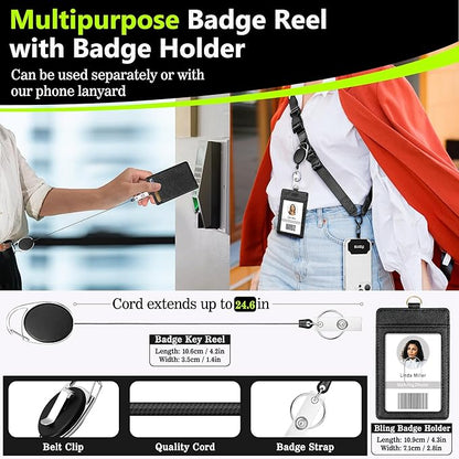 Azrra Adjustable Crossbody Cell Phone Lanyard for iPhone with Phone Tethers & Retractable ID Badge Card Holder (Solid Black)