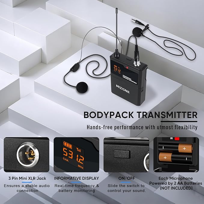 2 Channel Wireless Lapel Microphone, Set of 2 Headset & Lavalier Mics with 200 Adjustable Frequency UHF Metal Receiver, 300ft Range Microphone System for Church, Karaoke, Preaching, Wedding