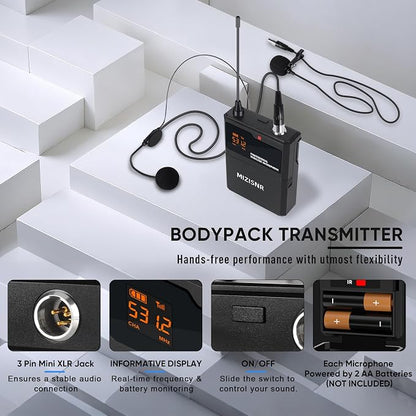 2 Channel Wireless Lapel Microphone, Set of 2 Headset & Lavalier Mics with 200 Adjustable Frequency UHF Metal Receiver, 300ft Range Microphone System for Church, Karaoke, Preaching, Wedding