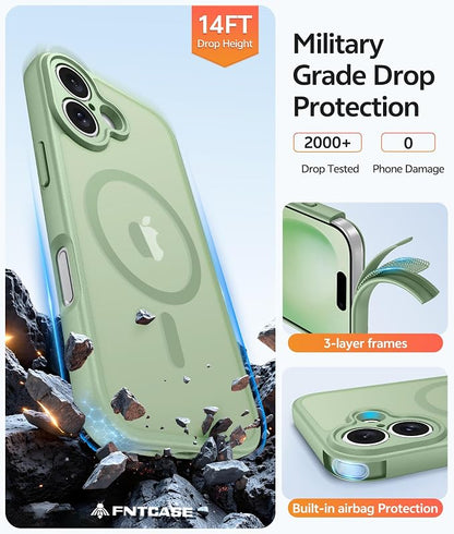 FNTCASE for iPhone 16 Plus Case: [Compatible with Magsafe] Integrated Silicone Phone Cases with [Full Camera Protection] [Screen Protector] Military Grade Shockproof Protective Cover - Light Moss