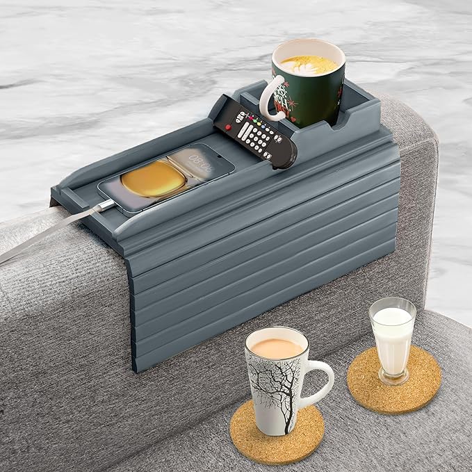 Couch Cup Holder Tray with 2 Cork Coasters, Couch Caddy, Anti-Slip Foldable Armrest Sofa Tray, Couch Armrest Table, Anti-Spill Holder for Remote, Snacks, Cellphone - Ideal Gift (Grey)