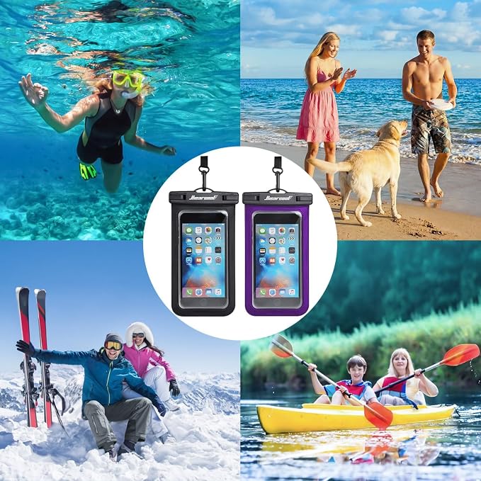 Hiearcool Universal Waterproof Phone Pouch Compatible for iPhone 16 15 14 13 Pro Max Plus Up to 8.3", IPX8 Beach Travel Essentials-Black&Purple-2Pack