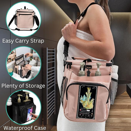 TERRA HOME XL Portable Shower Caddy Bag for Girls with Extra Storage, Durable Mesh Bottom, Shoulder Strap, Keychain Holder Shower Caddy Case for College Dorms - Travel Vacation Essentials (Blush Pink)