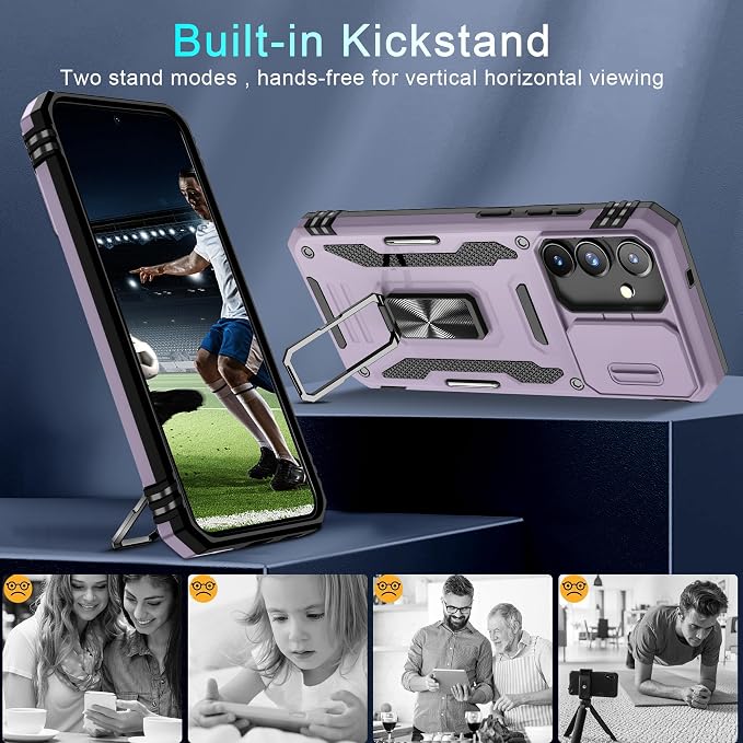 DEERLAMN Case for Samsung Galaxy S25 6.2-Inch with Slide Camera Cover+Screen Protector (1 Pack), Rotated Ring Kickstand Military Grade Shockproof Protective Cover-Deep Purple