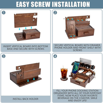 Wood Phone Docking Station with Drawer, Compatible with Apple Watch - Wood Charging Station Organizer Stand, Bedside Nightstand Organizer for Men, Holds Phone, Tablet, Keys, Glasses, EDC
