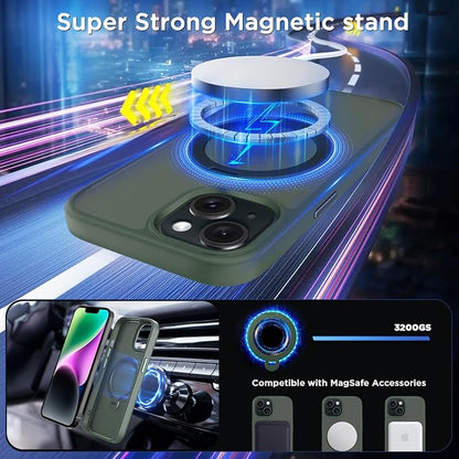 CACOE Magnetic Case for iPhone 13/14 6.1 inch with 360 Rotatable Ring Stand, Compatible with MagSafe Car Phone Mount, Cases Cover Phone Holder for Desk Meeting/Videos Dark Green