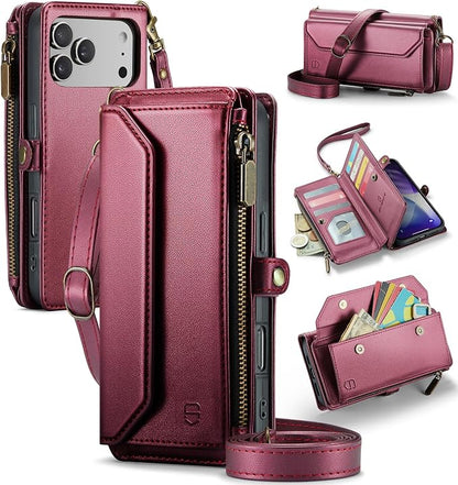 Strapurs Wallet Case Compatible with iPhone 17 Pro Max 6.9" RFID Blocking 10-Card Holder Soft PU Leather Magnetic Snap Shoulder Strap Zipper Pocket Phone Case Fit for iPhone 17 Pro Max - Wine Red