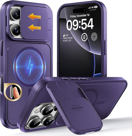 TOCOL for iPhone 16 Pro Case with Slide Camera Cover, Kickstand and Camera Control Button, Fit for MagSafe, Rugged Solid Phone Case, Non-Slip, Drop Protection, Midnight Purple
