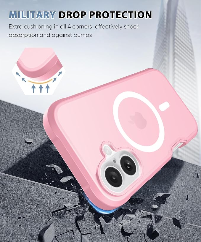 Compatible with iPhone 16 Case, Built-in Screen Protector, with Camera Lens Protector, [Compatible with MagSafe] Matte Back Full Body Phone Case, Protective Cover for 16 6.1" (Pink)