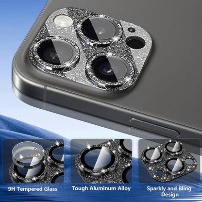 Camera Lens Protector for iPhone 16 Pro/iPhone 16 Pro Max, Glitter Camera Cover with 9H Tempered Glass Metal Ring, Lens Protector for iPhone 16 Pro/16 Pro Max (Glitter- Black)