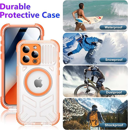 Temdan Magnetic for iPhone 15 Pro Max Case Waterproof,[Built-in Screen & Camera Protector][Full Body Shockproof][IP68 Underwater][Dustproof] Shockproof Phone Case for iPhone 15 Pro Max 6.7"-Orange