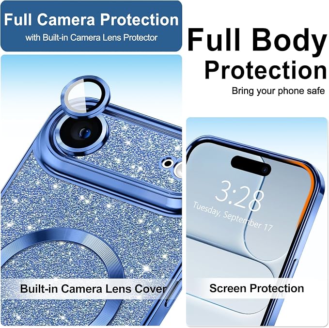 Hython for iPhone Air Case Glitter Clear Magnetic Phone Cases [Compatible with MagSafe] Full Camera Lens Protector Sparkle Luxury Plating Slim Shockproof Protective Cover Women, Deep Blue