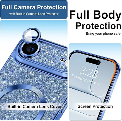 Hython for iPhone Air Case Glitter Clear Magnetic Phone Cases [Compatible with MagSafe] Full Camera Lens Protector Sparkle Luxury Plating Slim Shockproof Protective Cover Women, Deep Blue