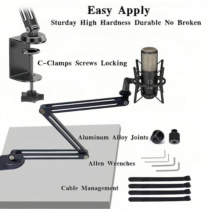 Low Profile Mic Boom Arm Stand 360° Rotatable Adjustable Compact and Foldable Table Microphone Arm Holds 2.5kg with 3/8" to 5/8" Screw Adapter for Game Streaming Podcast Broadcast (C Clamp Mount)