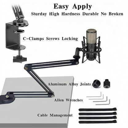 Low Profile Mic Boom Arm Stand 360° Rotatable Adjustable Compact and Foldable Table Microphone Arm Holds 2.5kg with 3/8" to 5/8" Screw Adapter for Game Streaming Podcast Broadcast (C Clamp Mount)