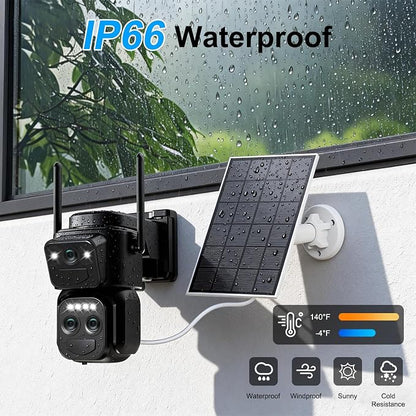 Triple-Lens Solar Security Cameras Wireless Outdoor, 2.4G/5G WiFi Cameras for Home Security with 10X Zoom, Full Color Night Vision, PlR Human Detection, Auto Tracking, Spotlight Siren, Alexa, IP66