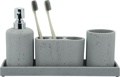 ZCCZ -Beige Bathroom Accessories Set 4 Pcs - Toothbrush Holder, Soap Dispenser, Vanity Tray, Bathroom Tumbler - Countertop Vanity Organizer - Bathroom Accessory Set- Toothbrush Holder Set, Stone Sets