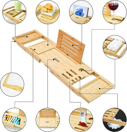 Bathtub Tray - Luxury Bamboo Bathtub Tray for Bath Accessories, Expandable Bath Caddy with Wine Glass Holder, for Her, Anniversary, Spa and Relaxation