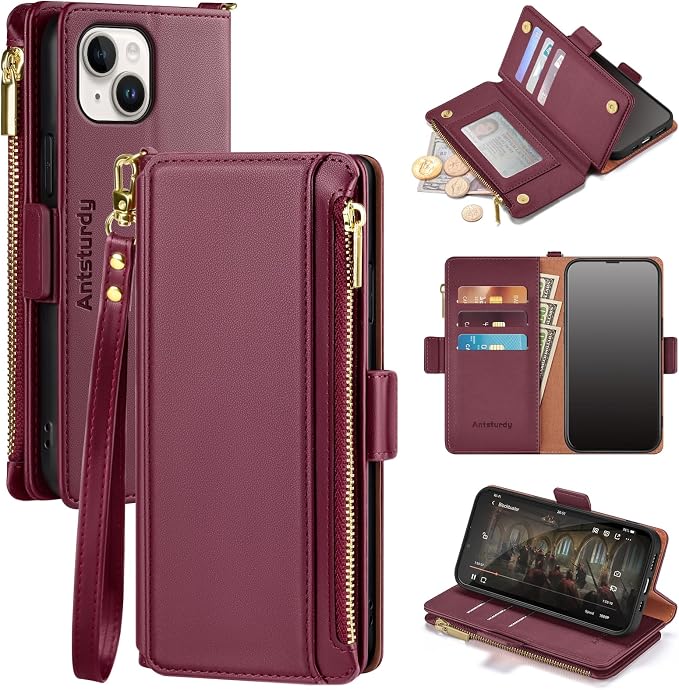 Antsturdy Compatible with iPhone 14 Wallet Case RFID Blocking,PU Leather Phone Case Women Men Flip Shockproof Cover with Wrist Strap Zipper Pocket Credit Card Holder Slots,for Apple 14 6.1" Wine Red