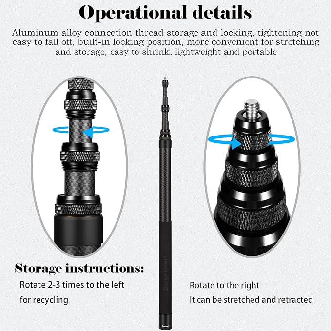 17-118"/3.0m Carbon Fiber Invisible Selfie Stick 9.8ft Extended Super Long Pole for Insta360 X5/X4 Insta 360 X3 ONE X2, ONE R, ONE X, ONE GO 3S 3 2 Gopro Max Action Camera Accessories