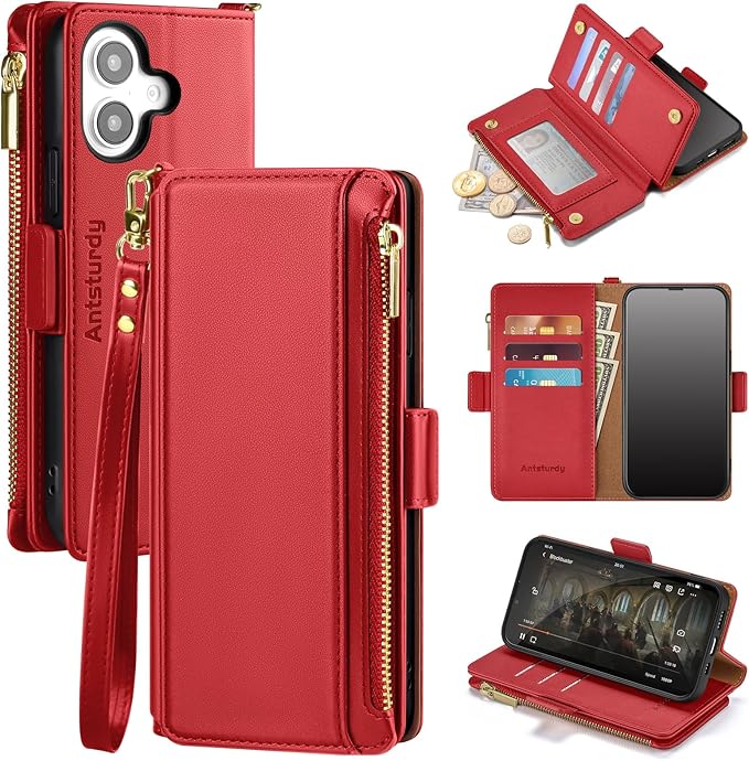 Antsturdy Compatible with iPhone 16 Plus Wallet Case,RFID Blocking PU Leather Phone Case Women Men Kickstand flip Cover Wrist Strap Zipper Credit Card Holder Slots for Apple 16 Plus 6.7",Red