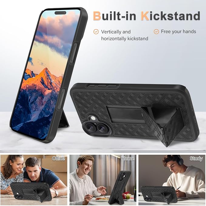 Fingic for iPhone 16 Case,iPhone 16 Belt Clip Holster Case Slim Combo Shell with Kickstand Swivel Holster Rugged Shockproof Antiscratch Full Body Protective for iPhone 16,6.1“,2024,Black