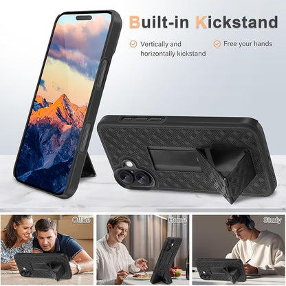 Fingic for iPhone 16 Case,iPhone 16 Belt Clip Holster Case Slim Combo Shell with Kickstand Swivel Holster Rugged Shockproof Antiscratch Full Body Protective for iPhone 16,6.1“,2024,Black