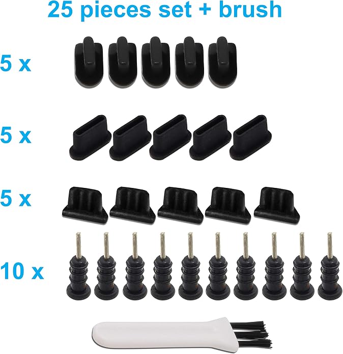 PortPlugs USB-C Dust Plugs & Headphone Jack Protectors Compatible with Samsung, Android, MacBooks, Laptops & Tablets – Type-C Charging Ports – Includes Cleaning Brush – Black (25 Pairs)