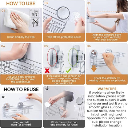 LEVERLOC Shower Caddy Suction Cup, Organizer with Hooks & Soap Holder for Inside Shower, Removable Bathroom Shelf-Silver