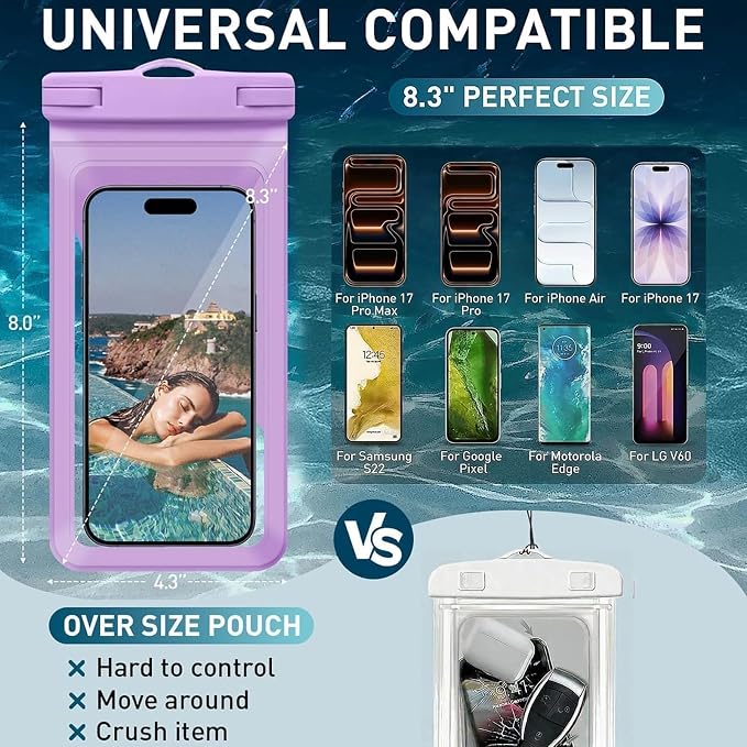 Waterproof Phone Pouch, with Interior Card Pocket, Large Waterproof Phone Case for iPhone 17 16 15 14 Pro Max, IPX8 Lightweigt Cellphone Dry Bag, Beach Cruise Ship Essential,2 Pack-Purple-8.3″