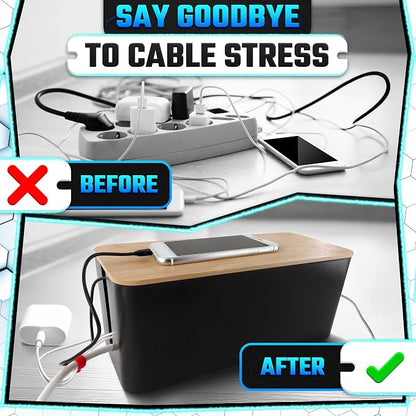 Cord Management Box Set – 2 Pack Cable Organizer Box to Hide Cords and Power Strip Kit with Clips, Reusable Ties & Sleeve – Functional, Modern Design | Medium & Large Sizes for Home & Office Use
