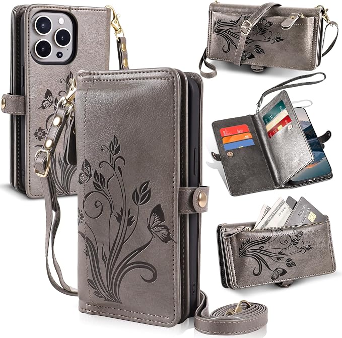 Lacass for iPhone 16 Pro Max Case Wallet,[Cards Theft Scan Protection] Card Holder Zipper Leather Flip Cover Crossbody Wrist Strap with Stand (Floral Gray)