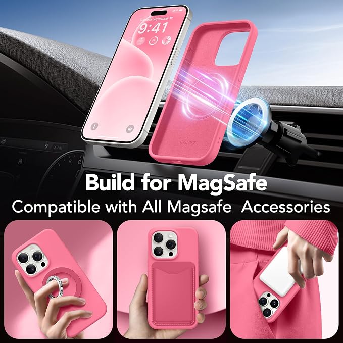 GONEZ Magnetic for iPhone 15 Pro Case, Compatible with MagSafe, [Screen Protector + Camera Lens Protector], Silicone Shockproof Anti-Scratch Protective Phone Case 6.1 inch, Wild Rose