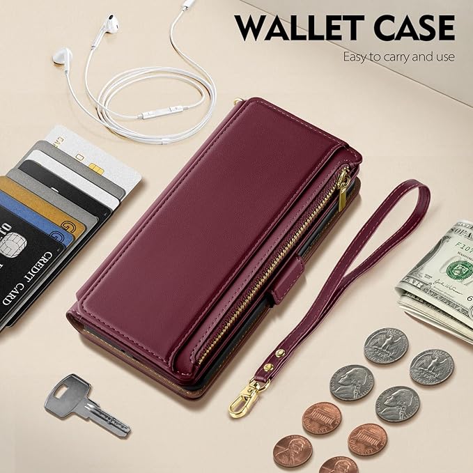 Antsturdy Compatible with iPhone 17 Pro Wallet Case Women,RFID Blocking PU Leather Phone Case Men Kickstand Flip Cover Wrist Strap Zipper Credit Card Holder Slots for Apple 17 Pro 6.3",Wine Red