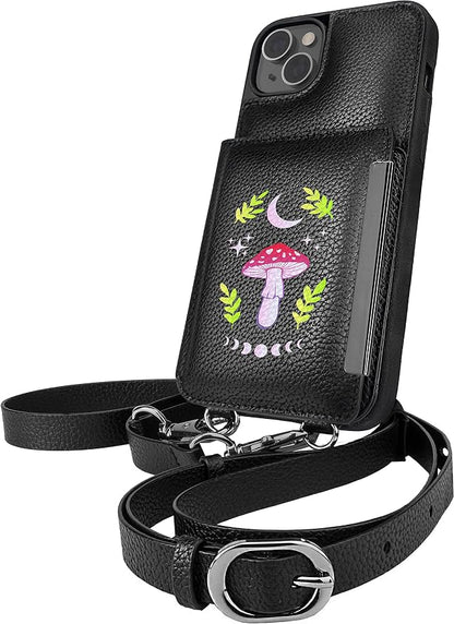 Smartish iPhone 14 Plus Crossbody Wallet Case - Dancing Queen [Purse/Clutch with Detachable Strap & Wristlet] Protective Cover with Credit Card Holder - Moons Out Shrooms Out