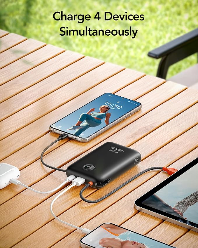 VIYISI Portable Charger 20000mAh 30W Fast Charging with Built-in Cables | USB C & Lighting Cables, LED Display Battery Pack, Compatible with iPhone 17 16 15 14 Pro Max, iPad, Samsung, Travel