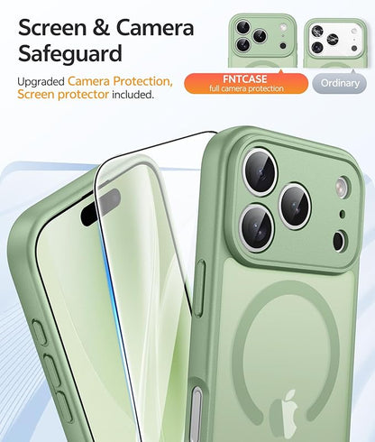 FNTCASE for iPhone 17 Pro Max Case: [Compatible with Magsafe] Translucent Matte Cases with [Full Camera Protection] [Screen Protector] Military Grade Shockproof Protective Phone Cover - Light Moss