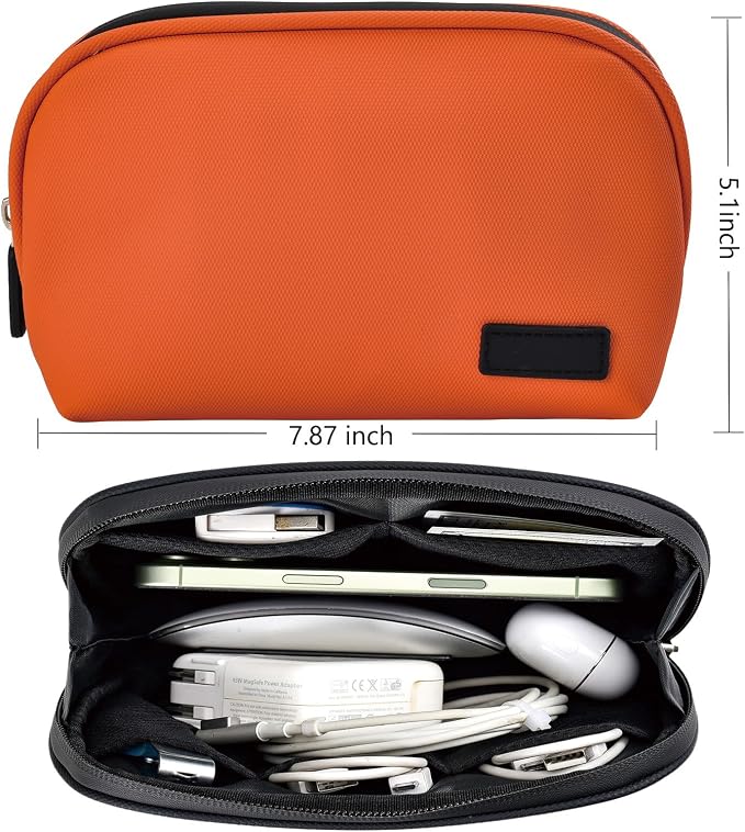 CAAORDKSO Travel Cable Organizer, Electronic Travel Organizer Case, Cord Organizer Bag, Portable Electronic Accessories Case Travel Essentials Tech Pouch for Cord, Charger, Power Bank, Earphone,Orange