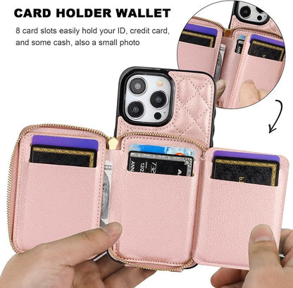 Bocasal Crossbody Wallet Case for iPhone 15 Pro Max, RFID Blocking PU Leather Zipper Handbag Purse Flip Cover, Kickstand Folio Case with Card Slots Holder Wrist Strap Lanyard 5G 6.7 Inch (Rose Gold)
