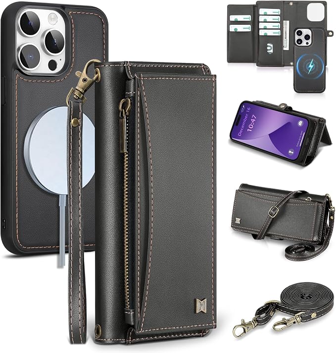 Wallet Case for iPhone 14 Pro with Card Holder/Crossbody Wallet/Strap| RFID Blocking | Magnetic | Kickstand | Detachable | PU Leather Phone Case for iPhone 14 Pro,6.1 in,Black