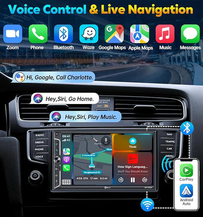 PLZ 7" Wireless Double Din Car Stereo Apple Car Play Radio Carplay Android Auto QLED Touch Screen, Bluetooth 5.3 Audio Receivers, 1080P Backup Camera, 4.2 Channel Outputs 240W, 2 Subwoofer, FM/AM, SWC
