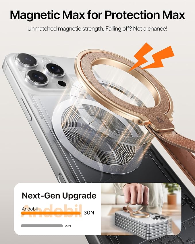 andobil [2026 Premium Leather] Magnetic Phone Grip for MagSafe [Longest Durable] Adjustable Phone Ring Kickstand with Leather Loop Compatible with MagSafe Accessories&iPhone 17 Air 16 15 14 13 Pro Max