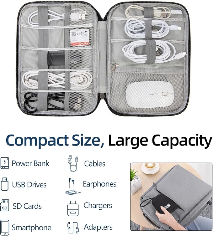 Cord Organizer Travel Case, Cable Organizer Bag for Chargers, USB Cables, Power Bank & Electronics Accessories, Portable Tech Organizer Pouch with Mesh Pockets, Water Resistant Travel Gear Bag