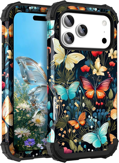 Hocase for iPhone 17 Pro Case 6.3", Heavy Duty Shockproof Protection Soft Silicone Rubber+Hard Plastic Bumpers Hybrid Protective Case for iPhone 17 Pro 2025 - Joyful Butterfly