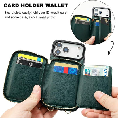 Bocasal Crossbody Wallet Case for iPhone 17 Pro Max, RFID Blocking PU Leather Zipper Handbag Purse Flip Cover, Kickstand Folio Case with Card Slots Holder Wrist Strap Lanyard 5G 6.9 Inch (Dark Green)