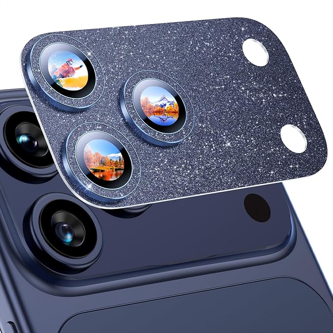 Uyiton for iPhone 17-Pro Camera-Lens Protector: Bling [Not Easy to Break][Strong Adsorption][Case-Friendly] Metal Tempered Glass Rear Camera Screen Cover - Glitter Blue