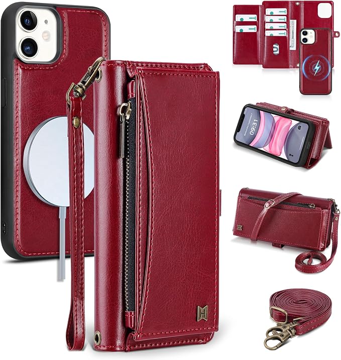Wallet Case for iPhone 11 with Card Holder/Crossbody Wallet/Strap| RFID Blocking | Magnetic | Kickstand | Detachable | PU Leather Phone Case for iPhone 11,6.1 in,Wine Red
